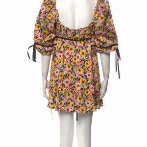For Love And Lemons Yellow Floral Puff-Sleeve Mini Dress with Pink Accents